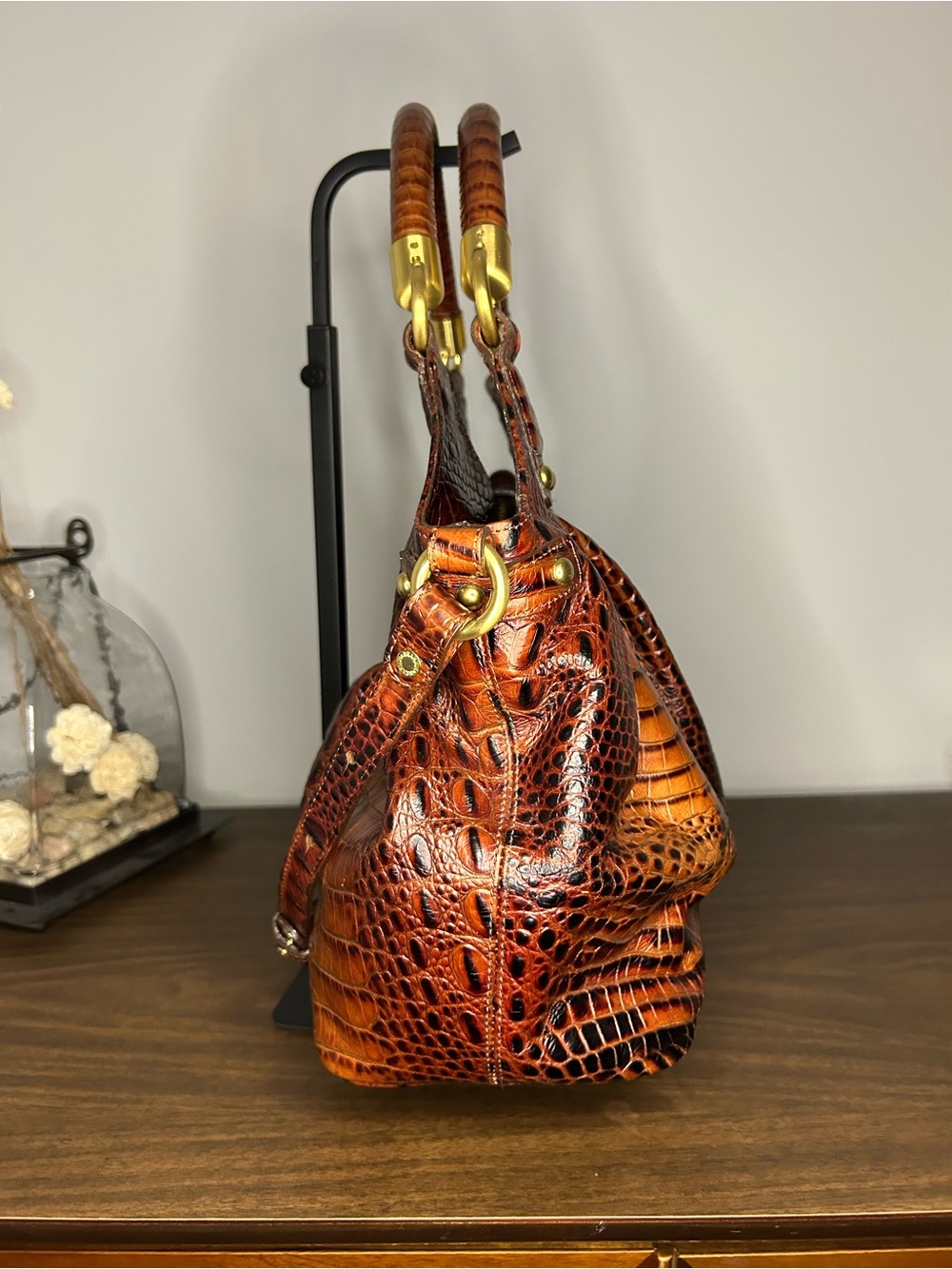 Brahmin Melbourne Elise Pecan Croc Embossed Satchel Bag - Picture 7 of 13